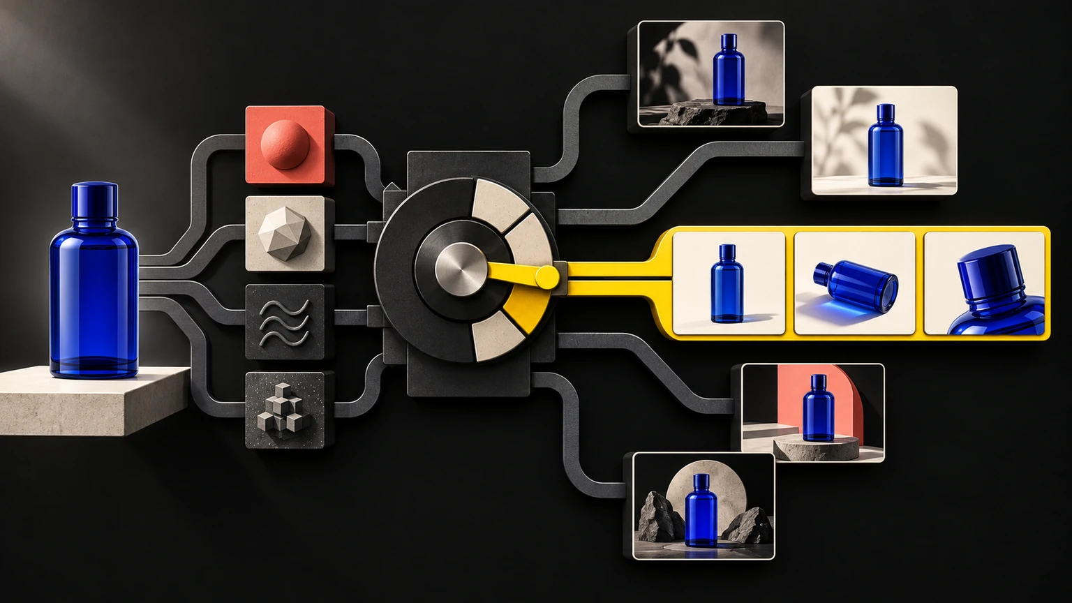 Editorial illustration of a blue product reference entering an image-model switchboard and emerging as consistent SaaS image variants.