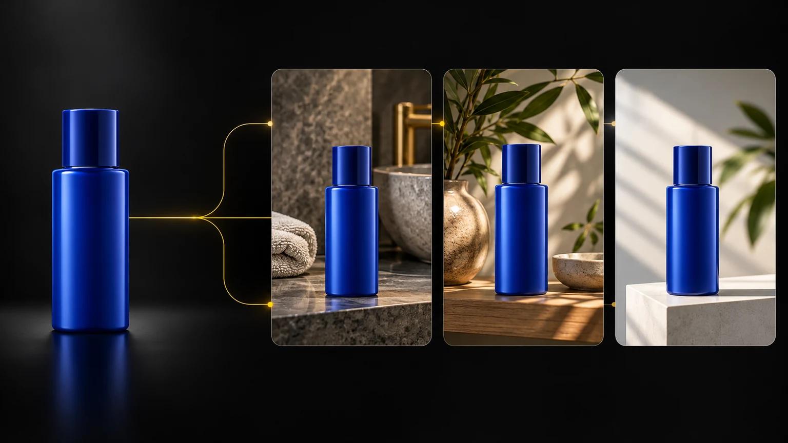 One blue product reference branching into three ecommerce lifestyle scenes through an image API workflow.