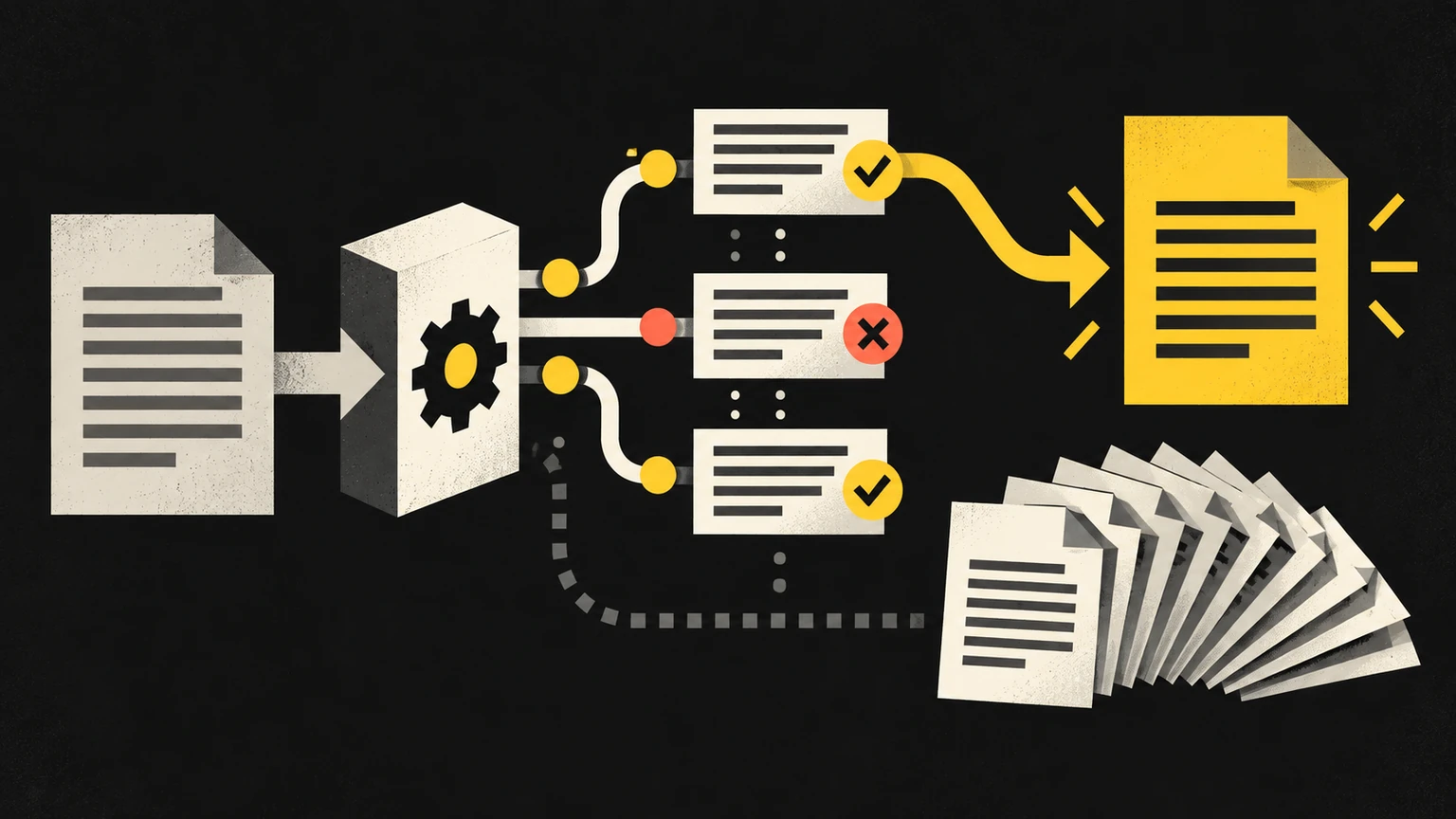 Editorial illustration of an API rewrite workflow evaluating drafts and separating one accepted final rewrite from many content variants.