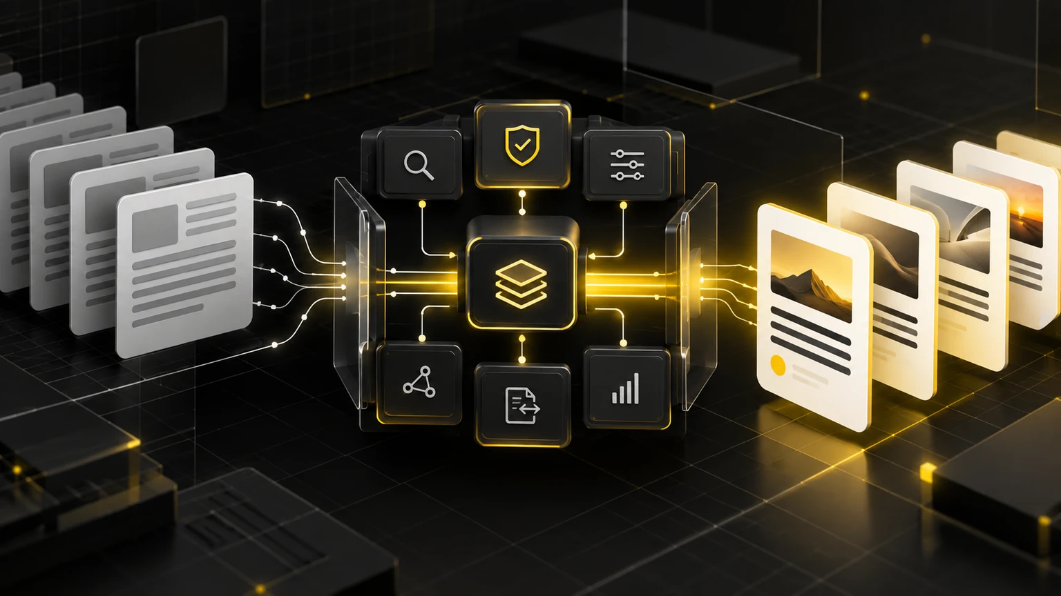 Editorial illustration of rigid draft cards passing through API review and brand-voice controls before becoming polished publication-ready content.