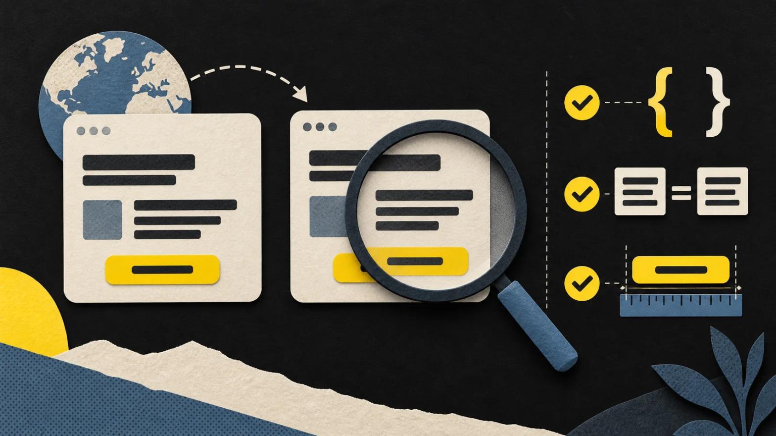 A magnifying glass inspects translated interface cards beside checks for variables, meaning and button width.