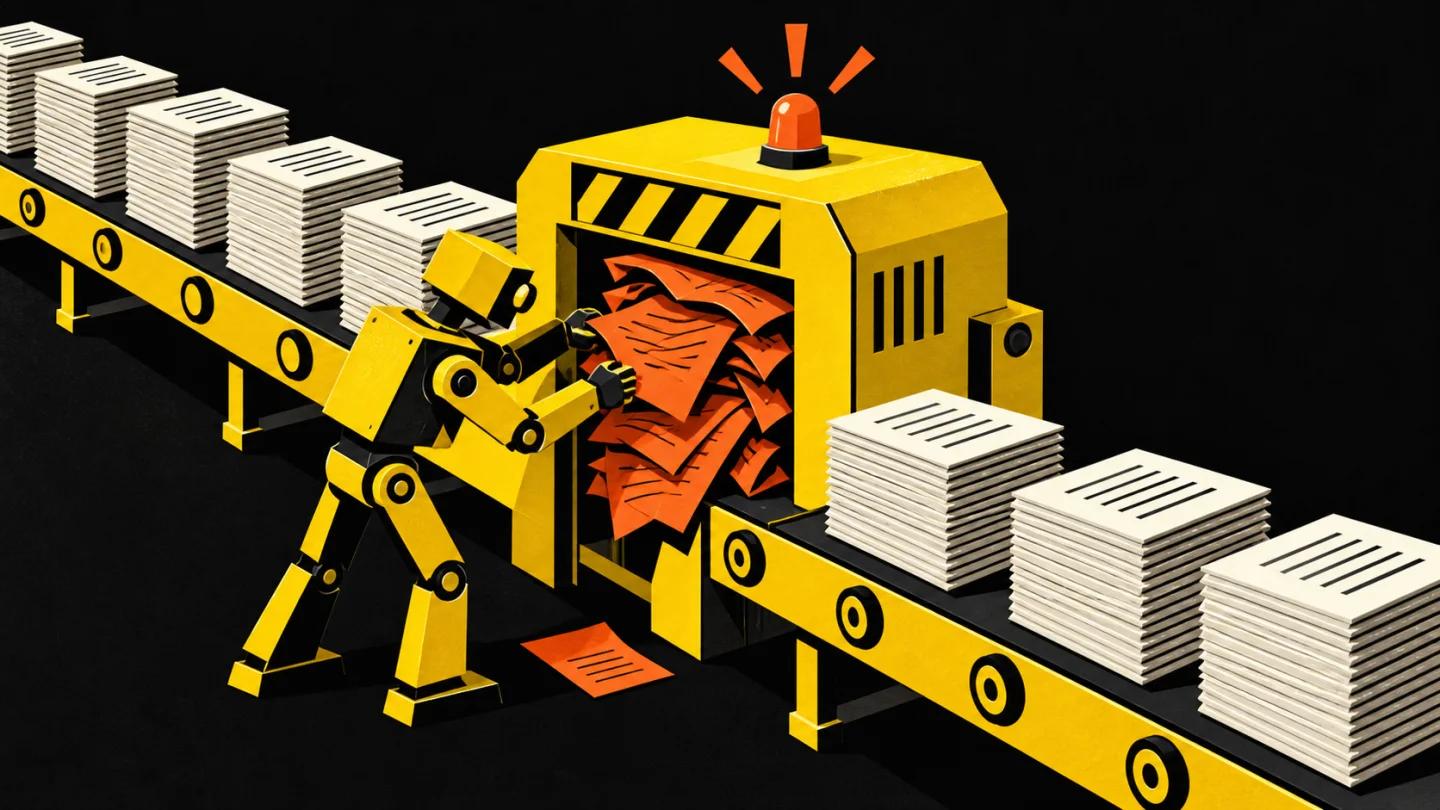 A paper jam at a yellow checkpoint interrupts a conveyor carrying article drafts.