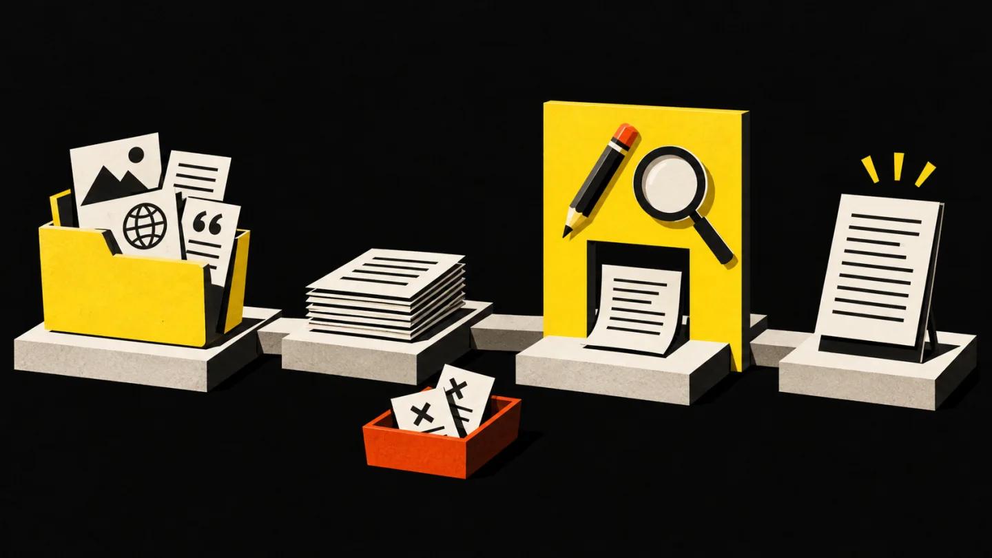 Source material and drafts pass through an editorial checkpoint before a finished page is ready for publication.