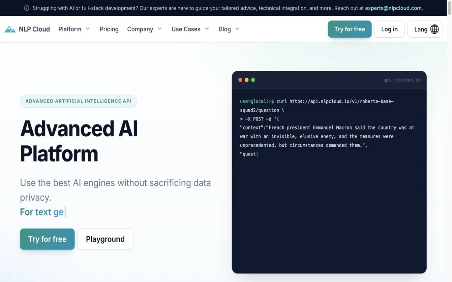 Screenshot of the NLP Cloud homepage, captured on 2026-09-24