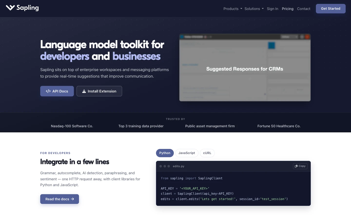 Screenshot of the Sapling homepage, captured on 2026-09-24