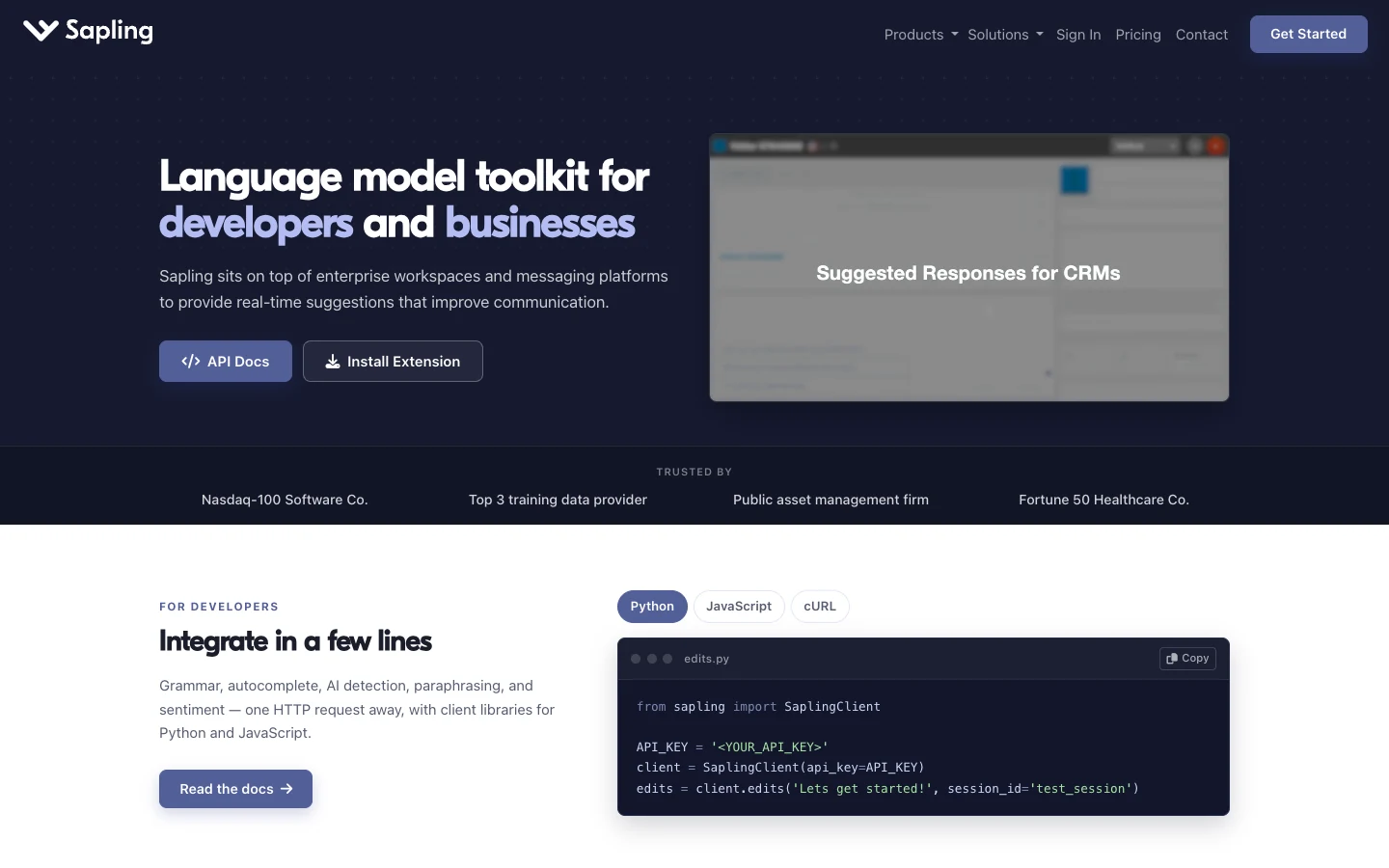 Screenshot of the Sapling homepage, captured on 2026-09-29
