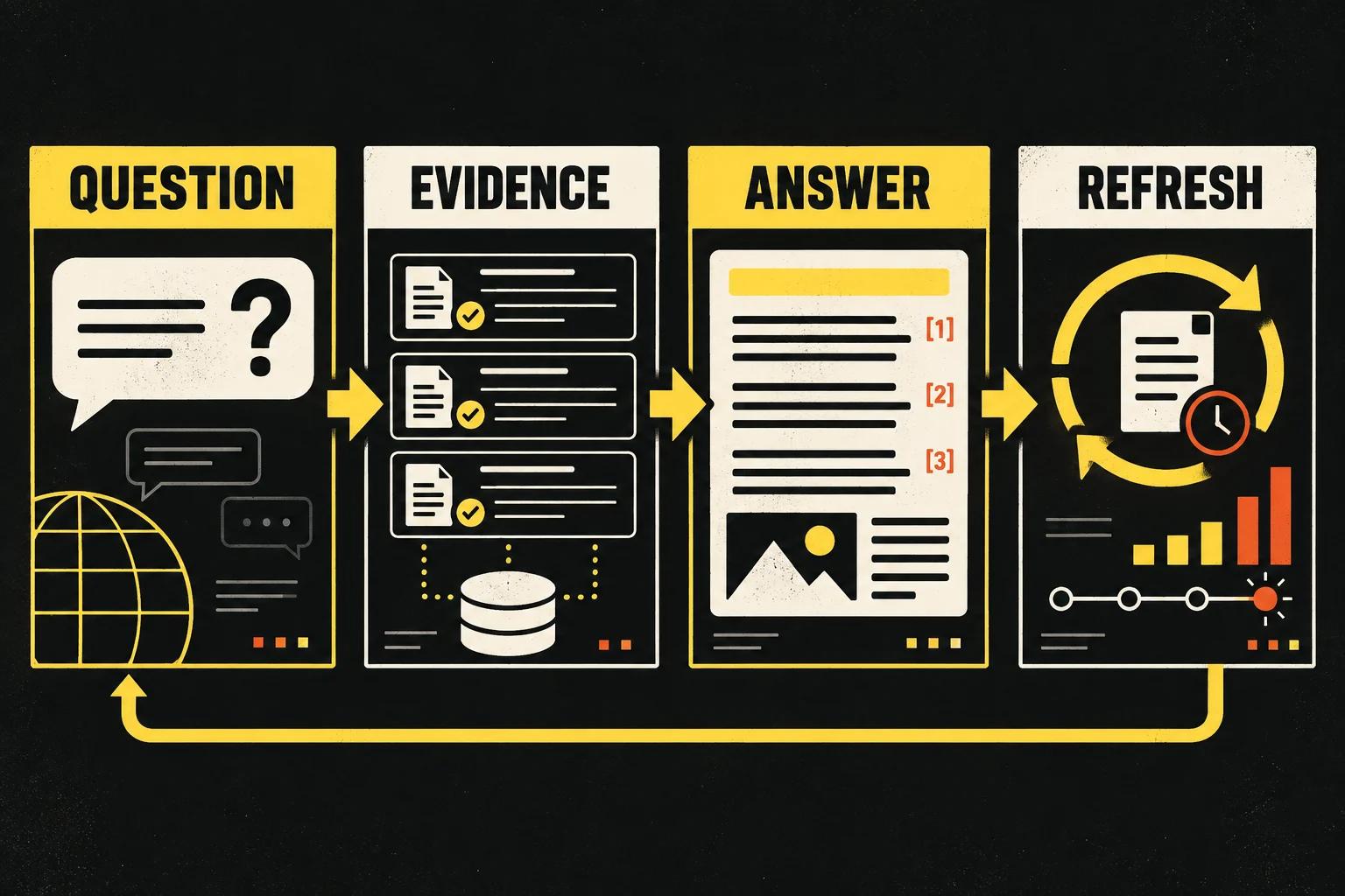 Four-stage GEO workflow from question to approved evidence, answer page and recurring refresh.