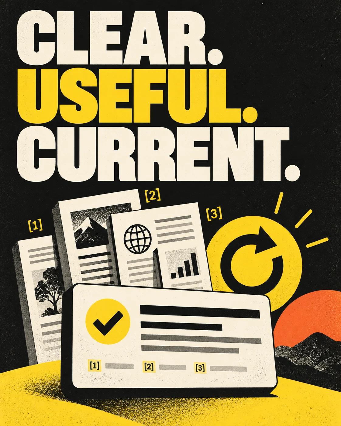 CLEAR. USEFUL. CURRENT. editorial poster with source sheets, citation markers and a refresh symbol.