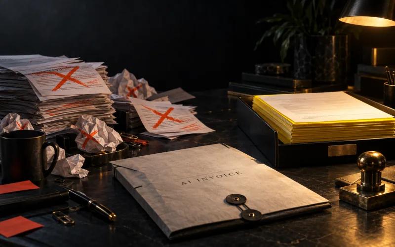 Rejected AI drafts sit beside accepted work ready for production.