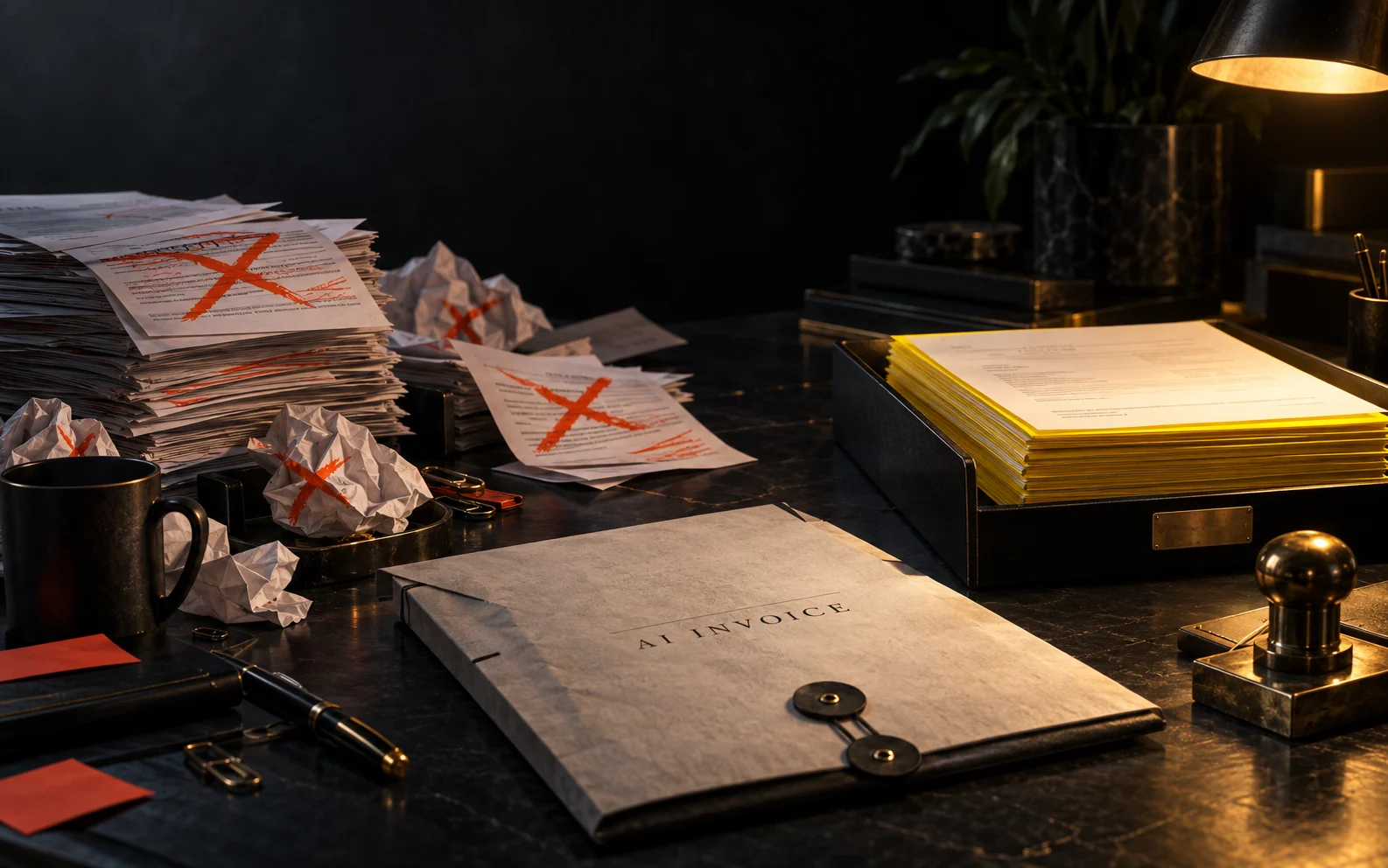 Rejected AI drafts pile up beside a clean tray of accepted work on an executive desk.