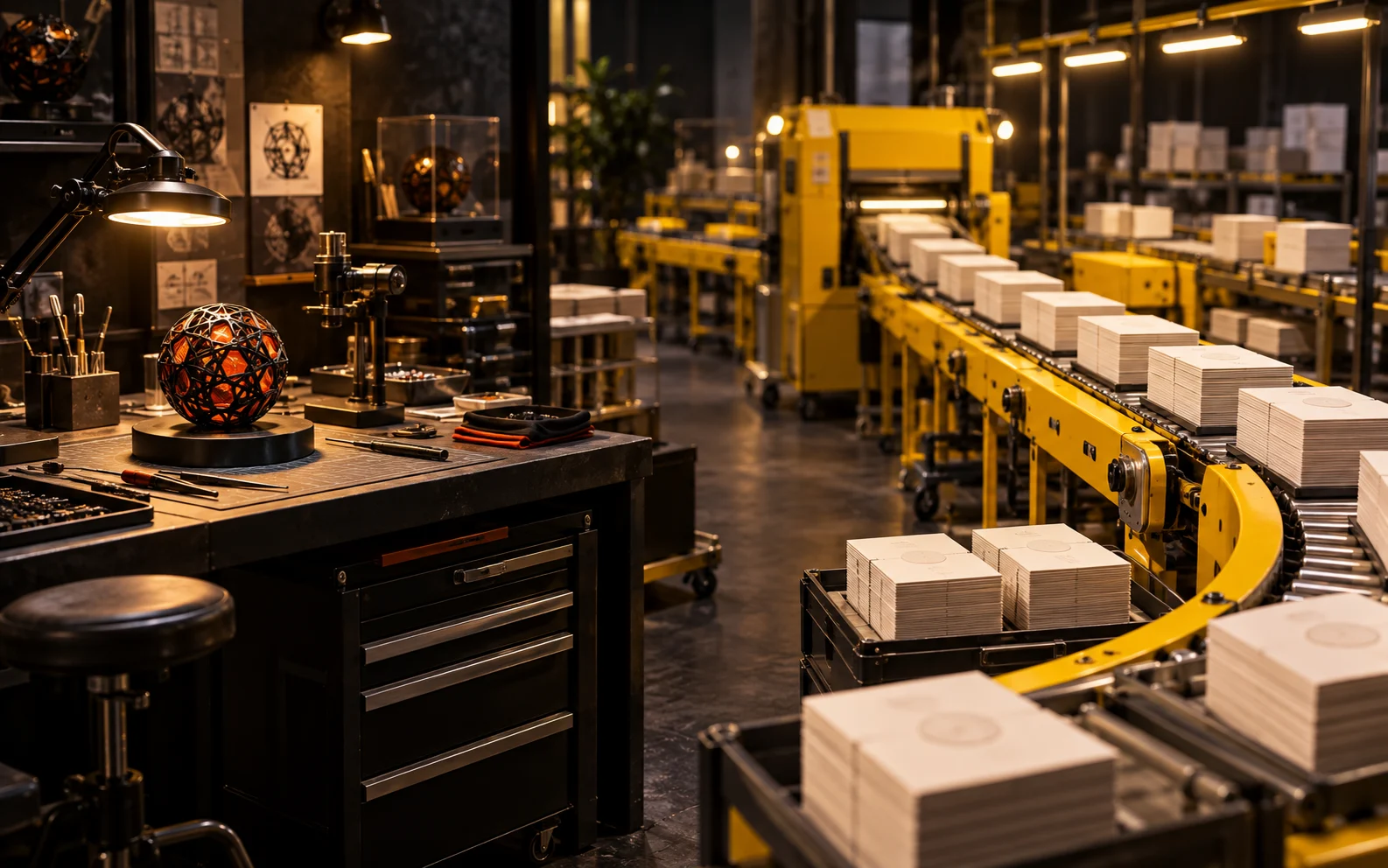 A careful specialist bench handles one complex object beside an efficient yellow production line for repeatable work.