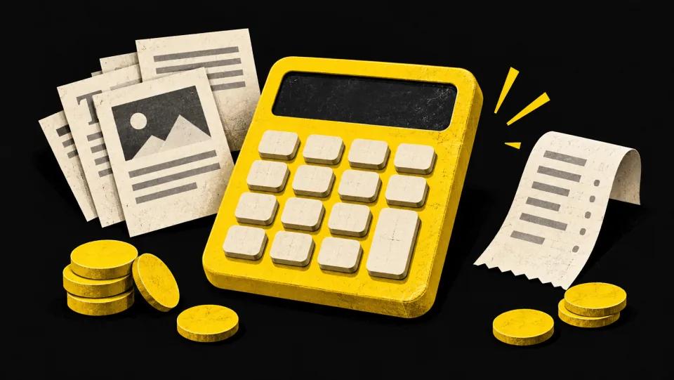 A yellow calculator with content sheets, token discs and a receipt.