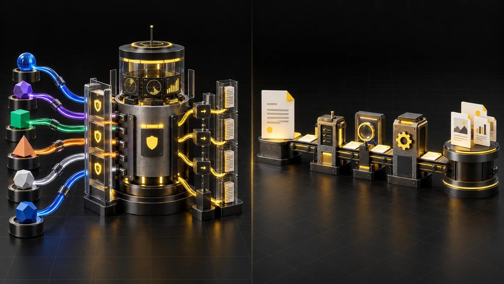 A multi-provider AI control tower beside a focused production line that turns one brief into reviewed business outputs.