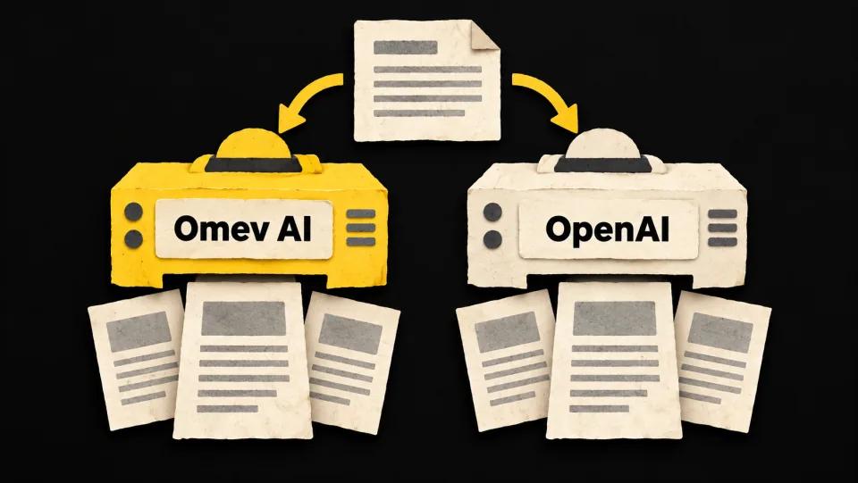 One content brief goes to Omev AI and OpenAI, with article drafts emerging from both.