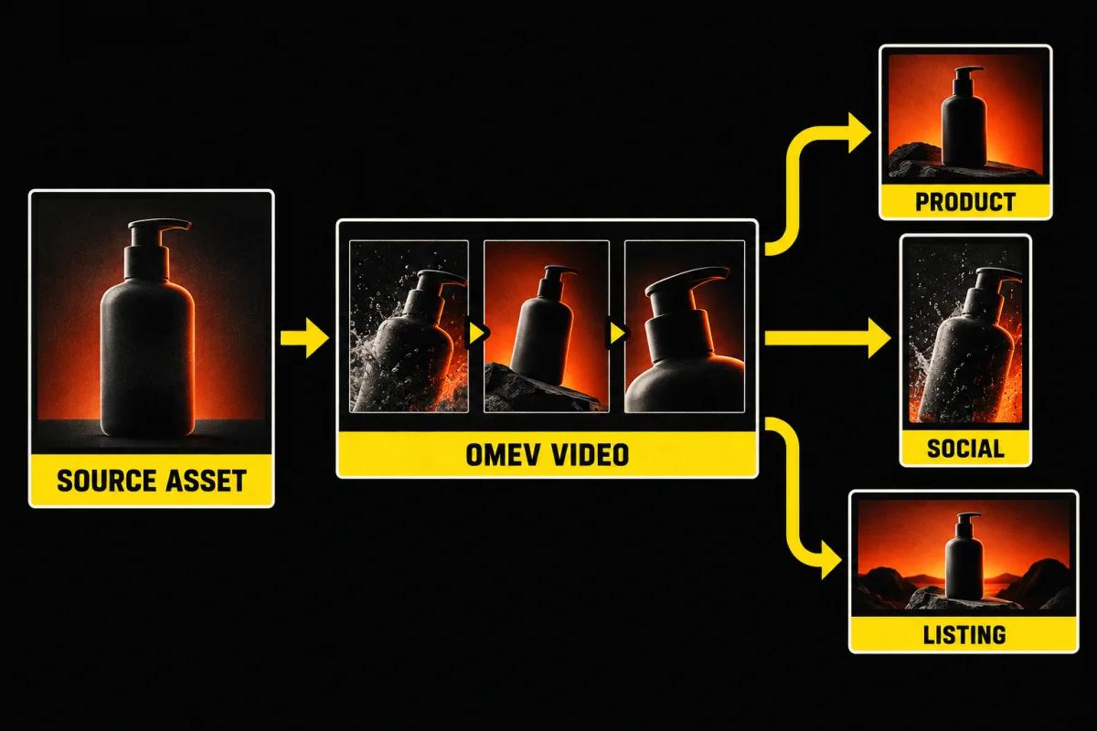 Illustrated workflow from one source asset through OmevAI Video to product, social and listing formats