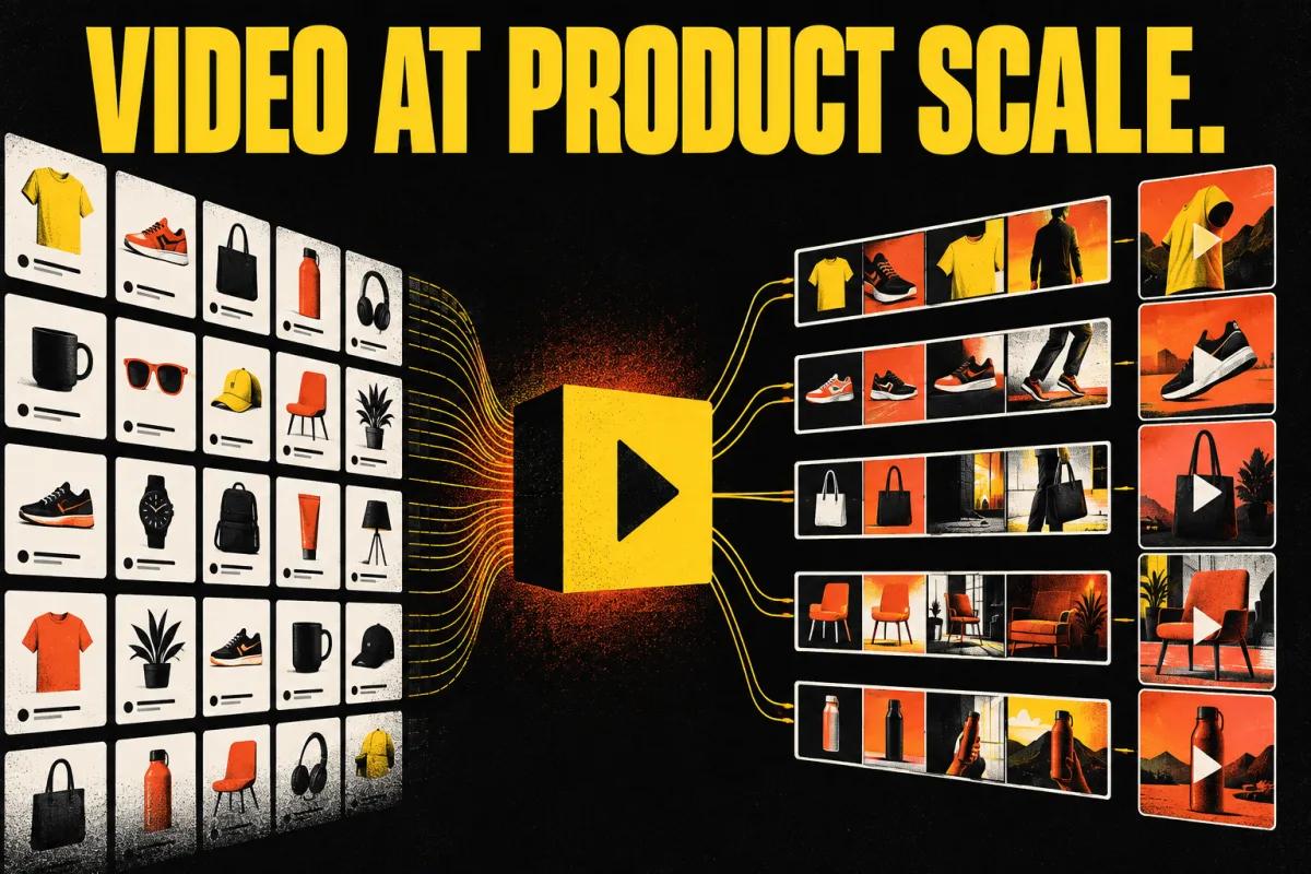 Illustration of a product catalogue becoming many short video storyboards at scale