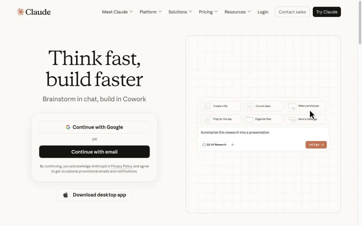 Claude homepage with chat and Cowork options and a research-to-presentation example