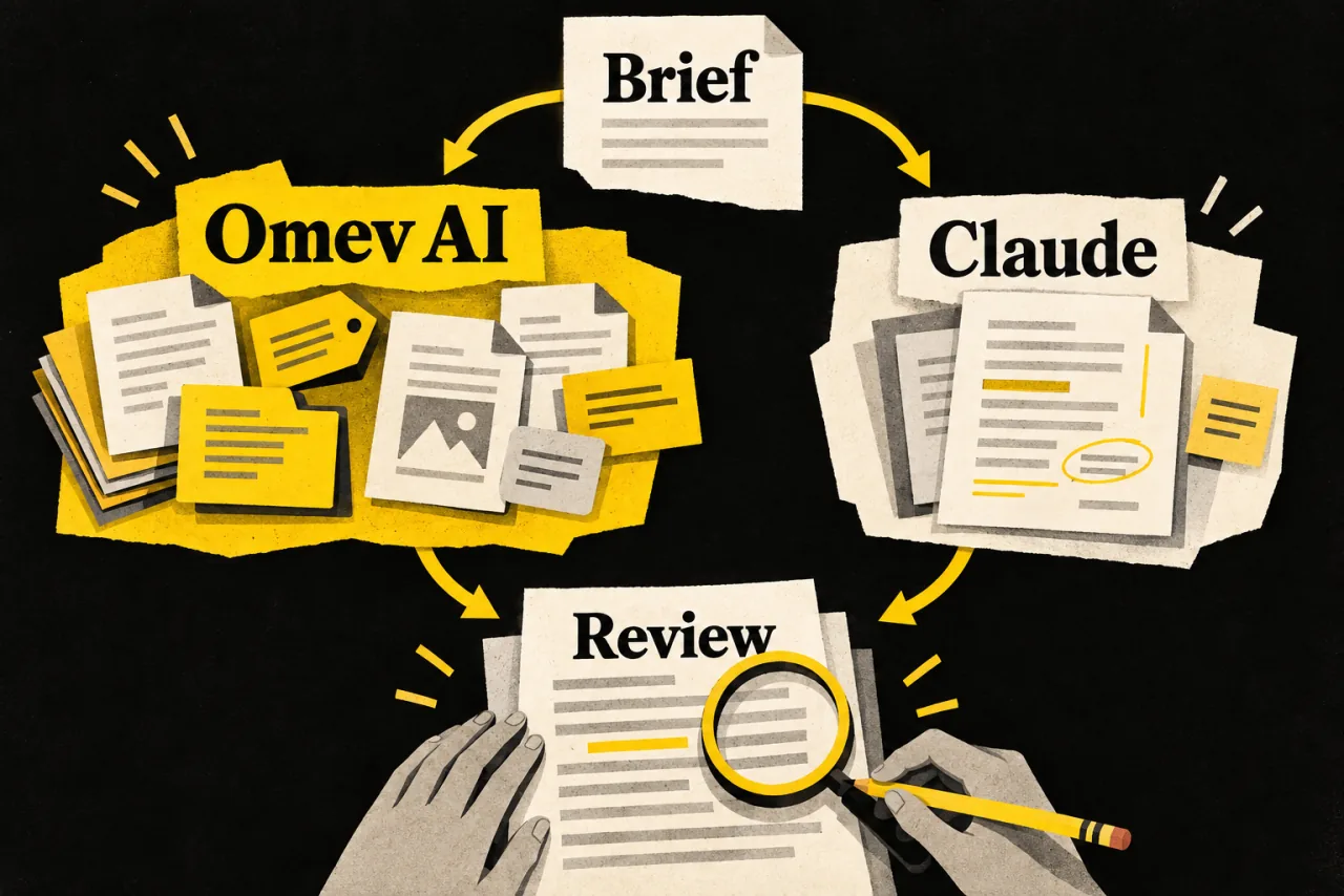 A content brief branches to Omev AI for repeatable tasks and Claude for selected calls; both routes lead to human editorial review.