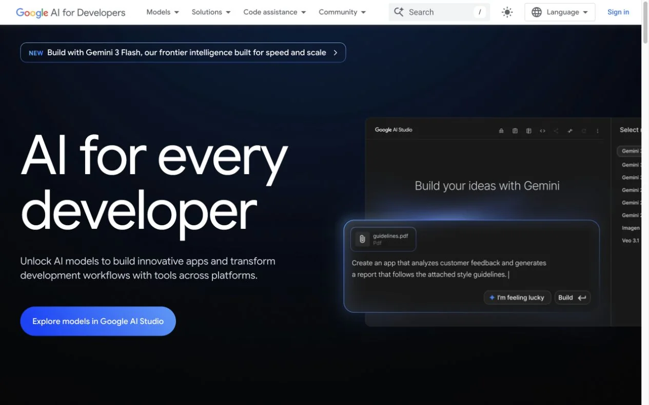 Google AI for Developers homepage with Gemini API and Google AI Studio navigation