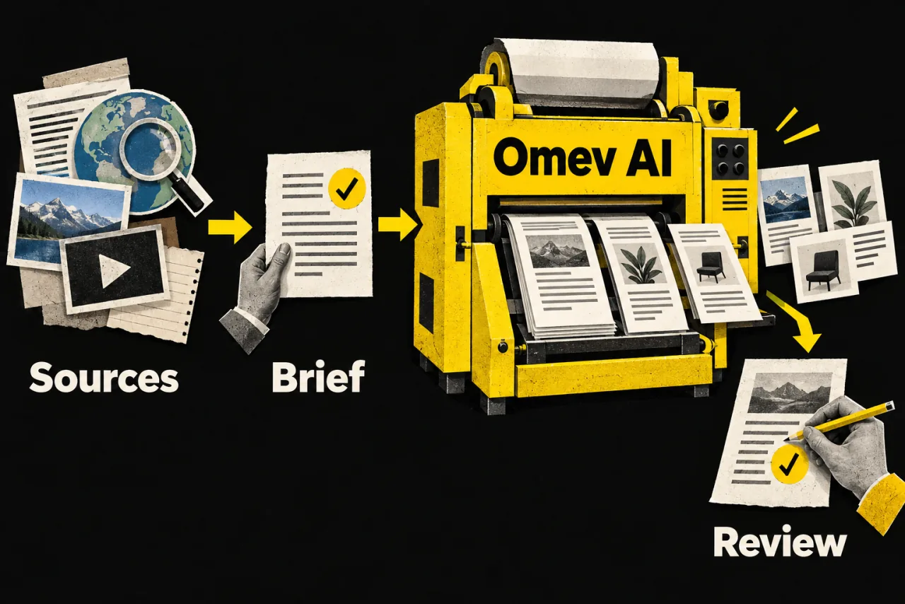 Research sources become a human-checked brief, which feeds Omev AI content production before a final editorial review.