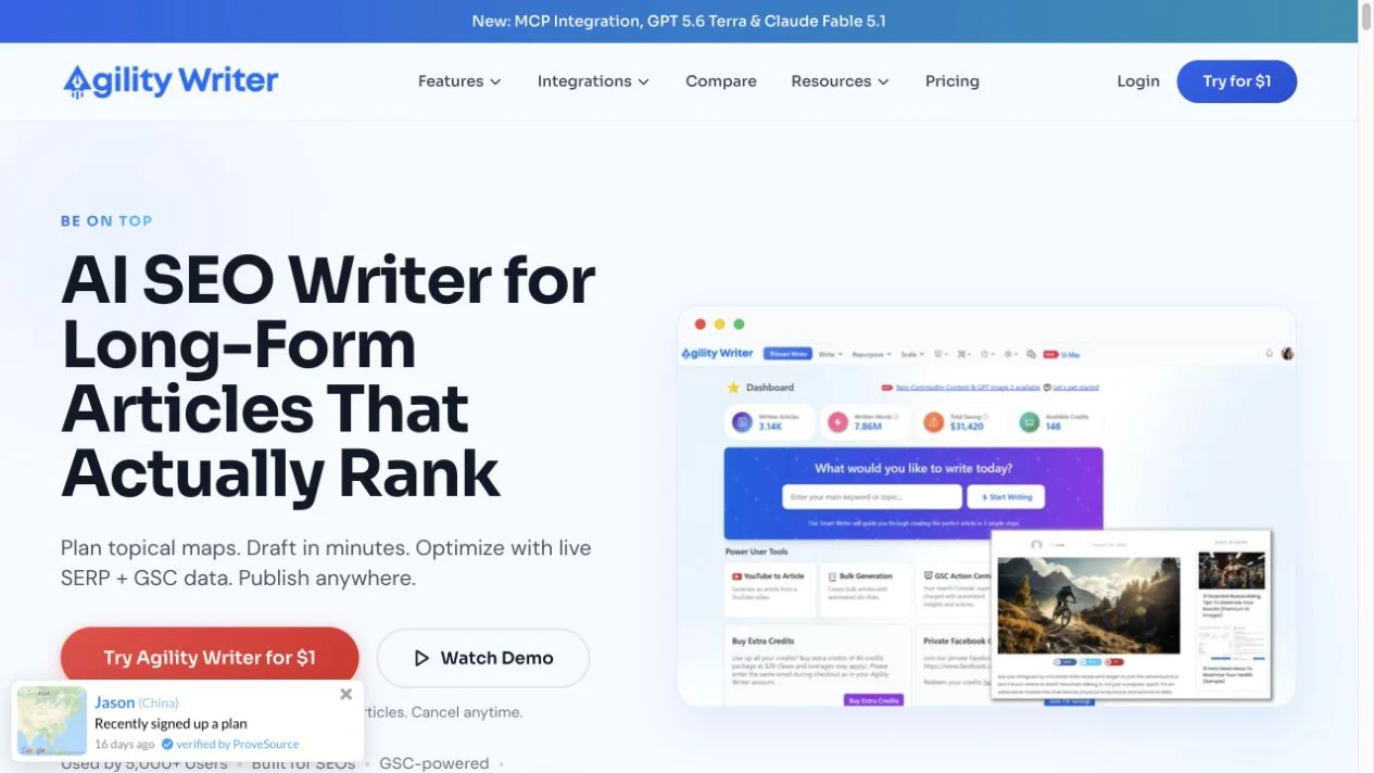 Screenshot of the Agility Writer homepage, captured on 2026-09-23