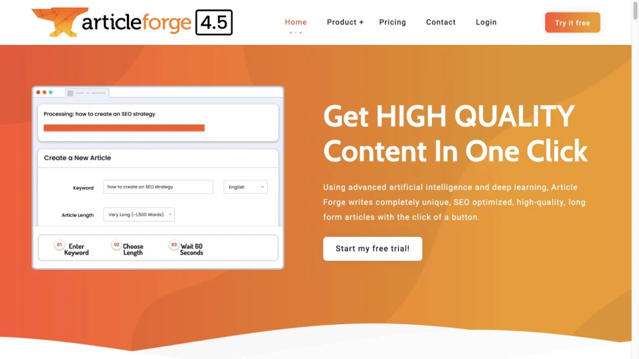Screenshot of the Article Forge homepage, captured on 2026-09-23