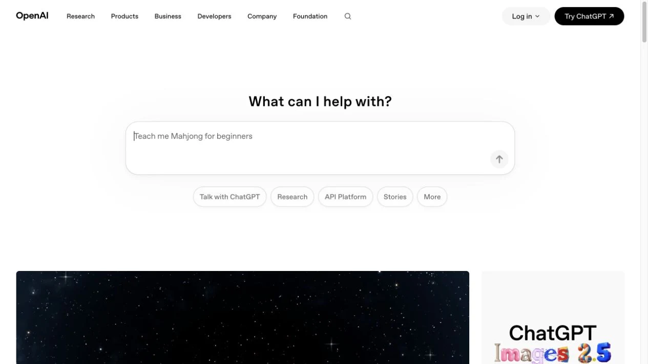 Screenshot of the OpenAI homepage, captured on 2026-09-16