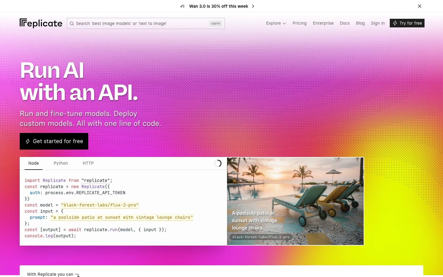 Screenshot of the Replicate homepage, captured on 2026-09-16