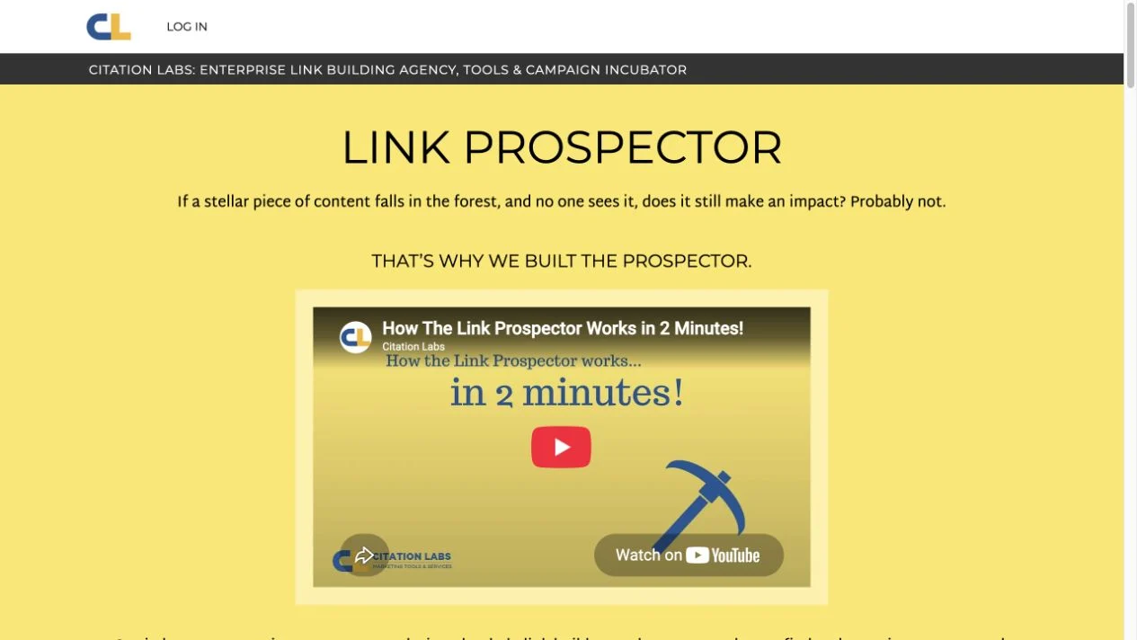 Screenshot of the Citation Labs Link Prospector homepage, captured on 2026-09-23
