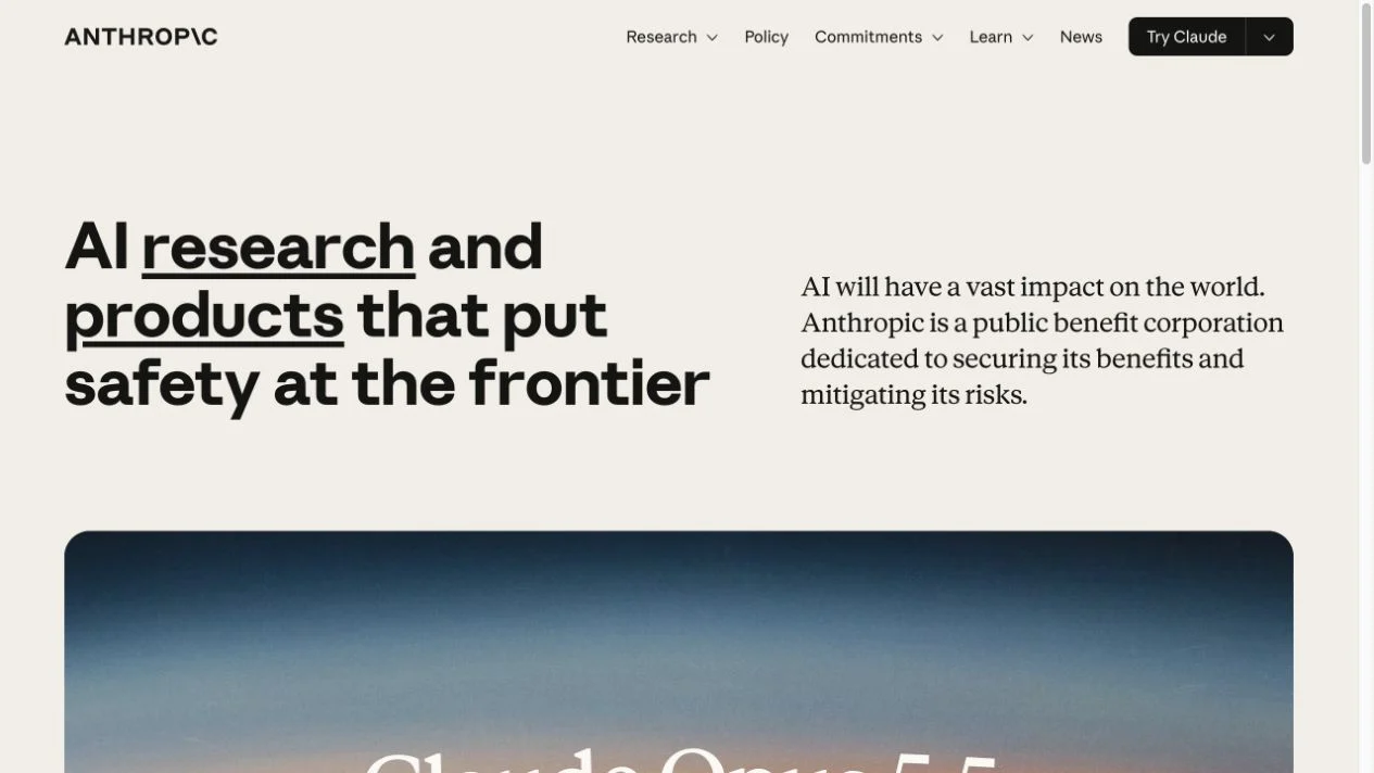 Screenshot of the Anthropic homepage, captured on 2026-09-23
