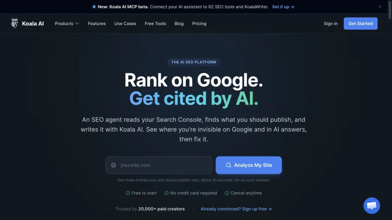 Screenshot of the Koala AI homepage, captured on 2026-09-18
