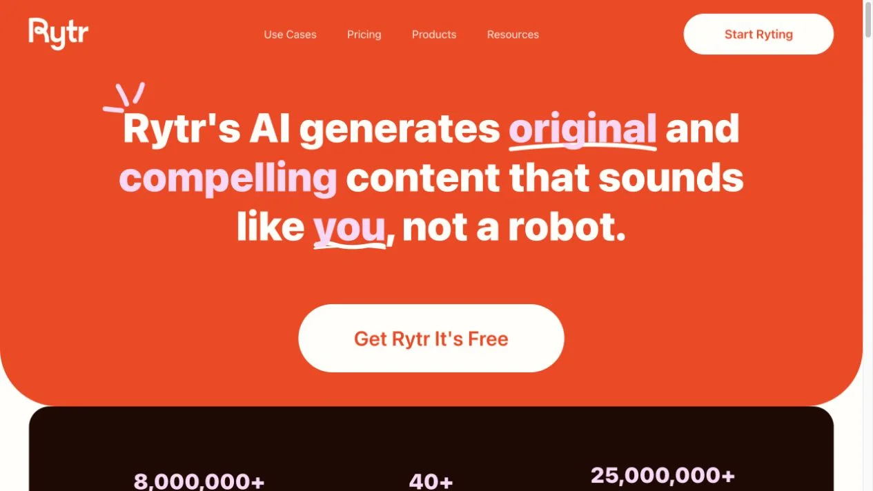 Screenshot of the Rytr homepage, captured on 2026-09-16