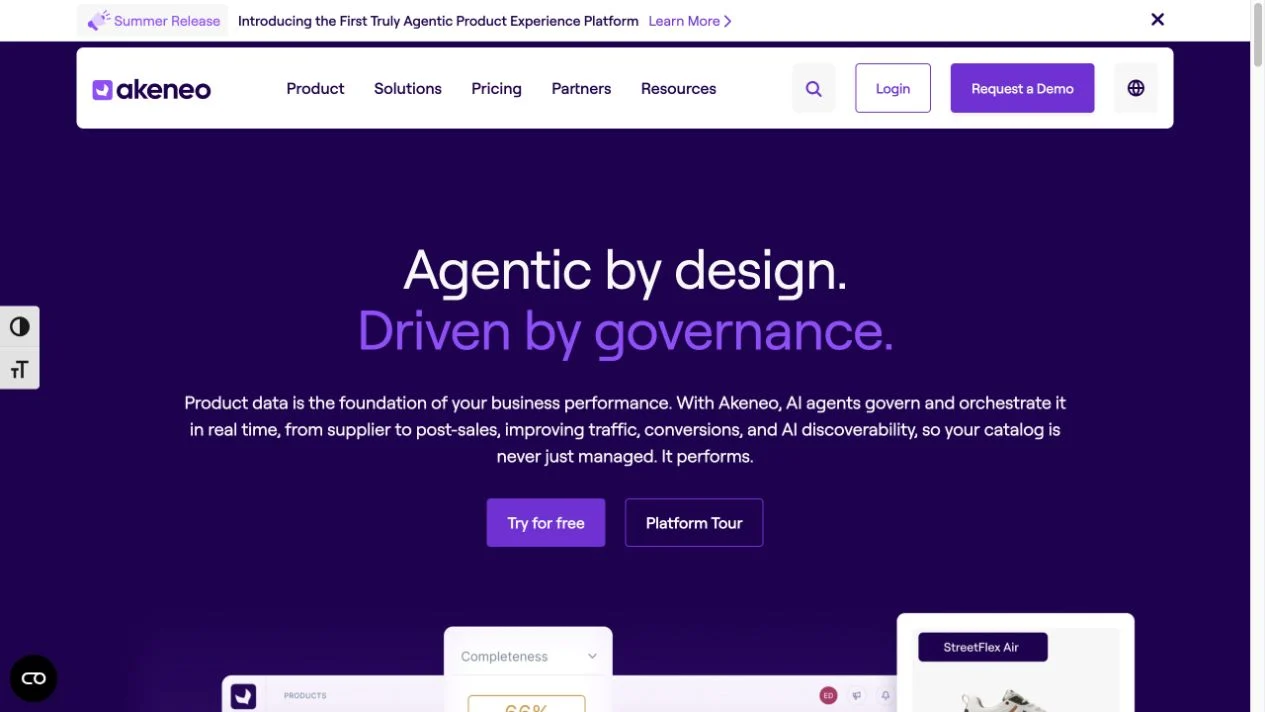 Screenshot of the Akeneo homepage, captured on 2026-09-23