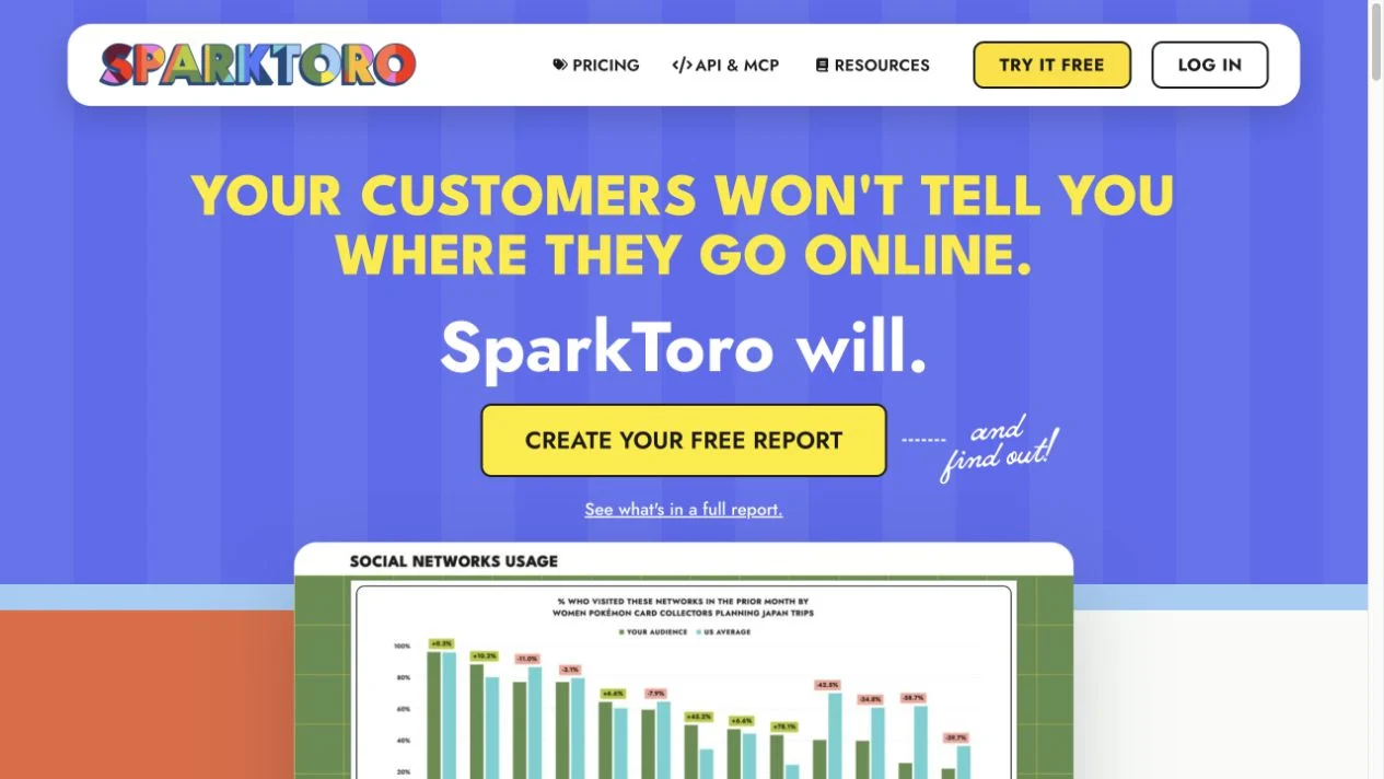 Screenshot of the SparkToro homepage, captured on 2026-09-21