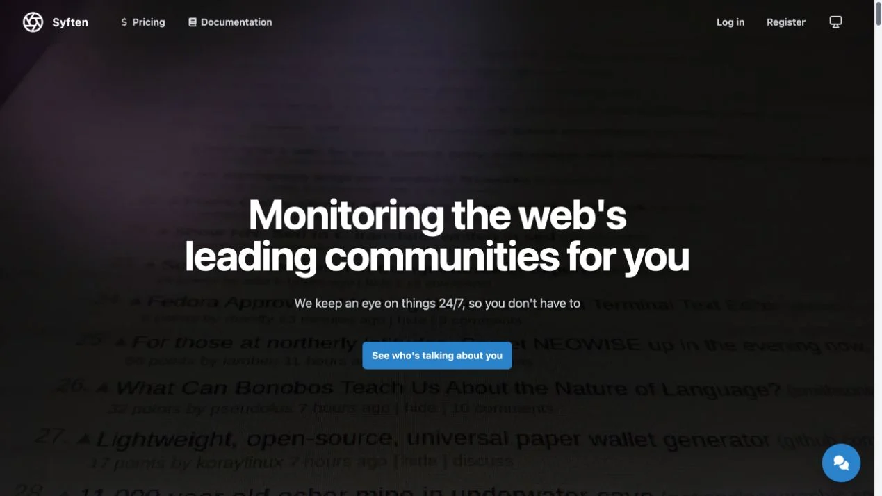 Screenshot of the Syften homepage, captured on 2026-09-21