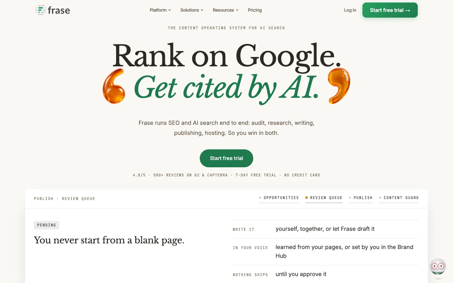 Screenshot of the Frase homepage, captured on 2026-09-15