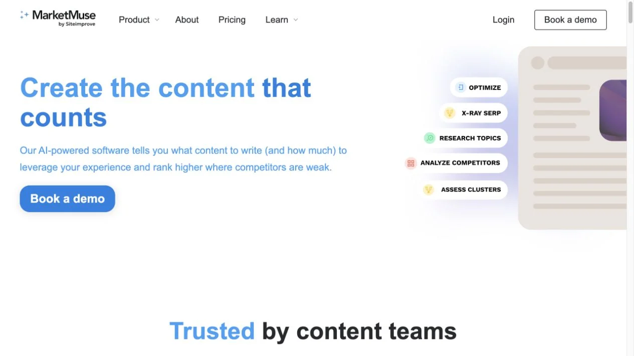 Screenshot of the MarketMuse homepage, captured on 2026-09-18