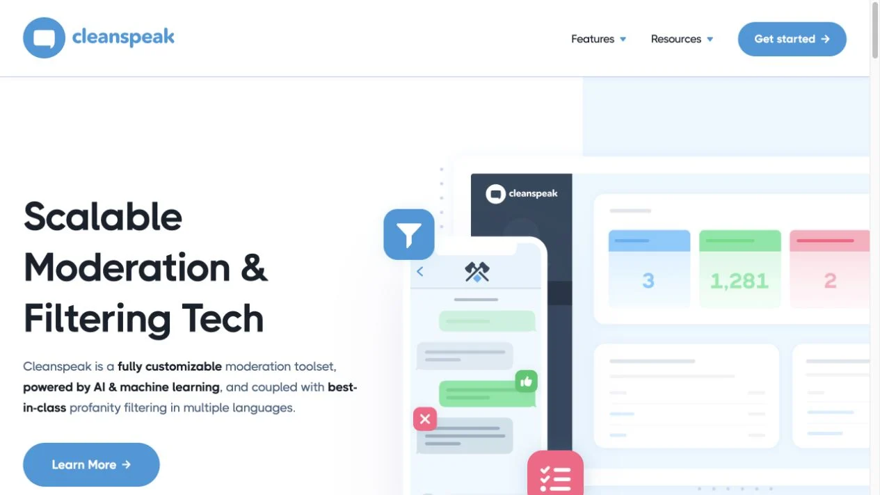 Screenshot of the CleanSpeak homepage, captured on 2026-09-23