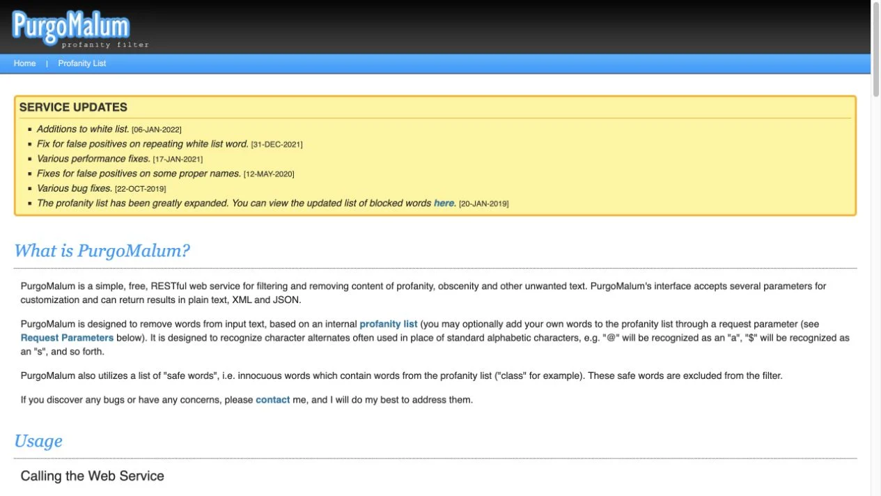 Screenshot of the PurgoMalum homepage, captured on 2026-09-23