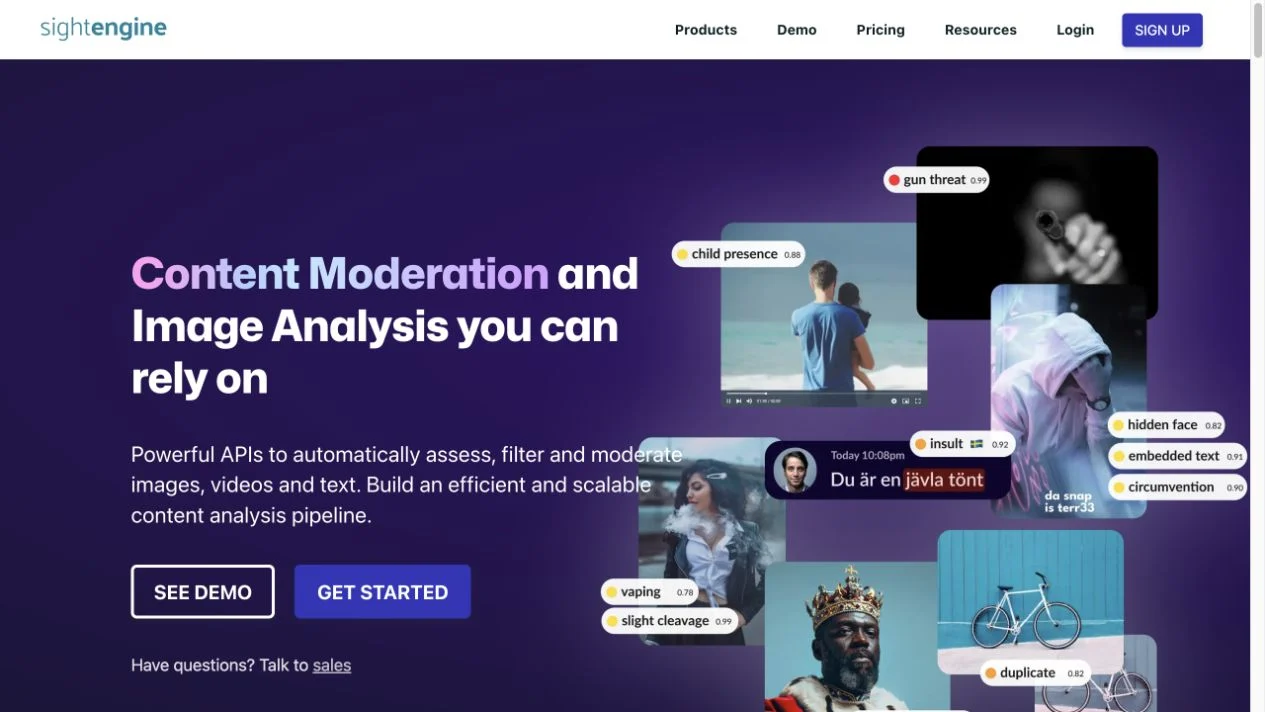 Screenshot of the Sightengine homepage, captured on 2026-09-23
