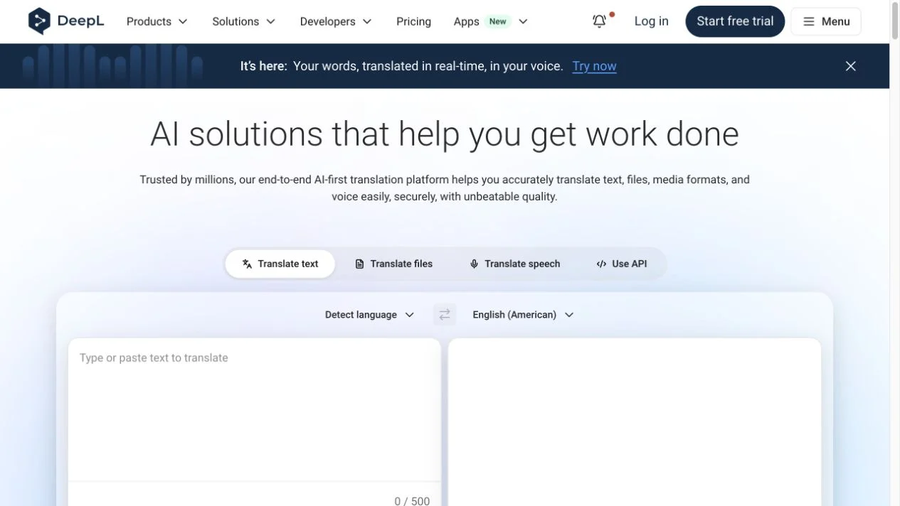 Screenshot of the DeepL homepage, captured on 2026-09-21