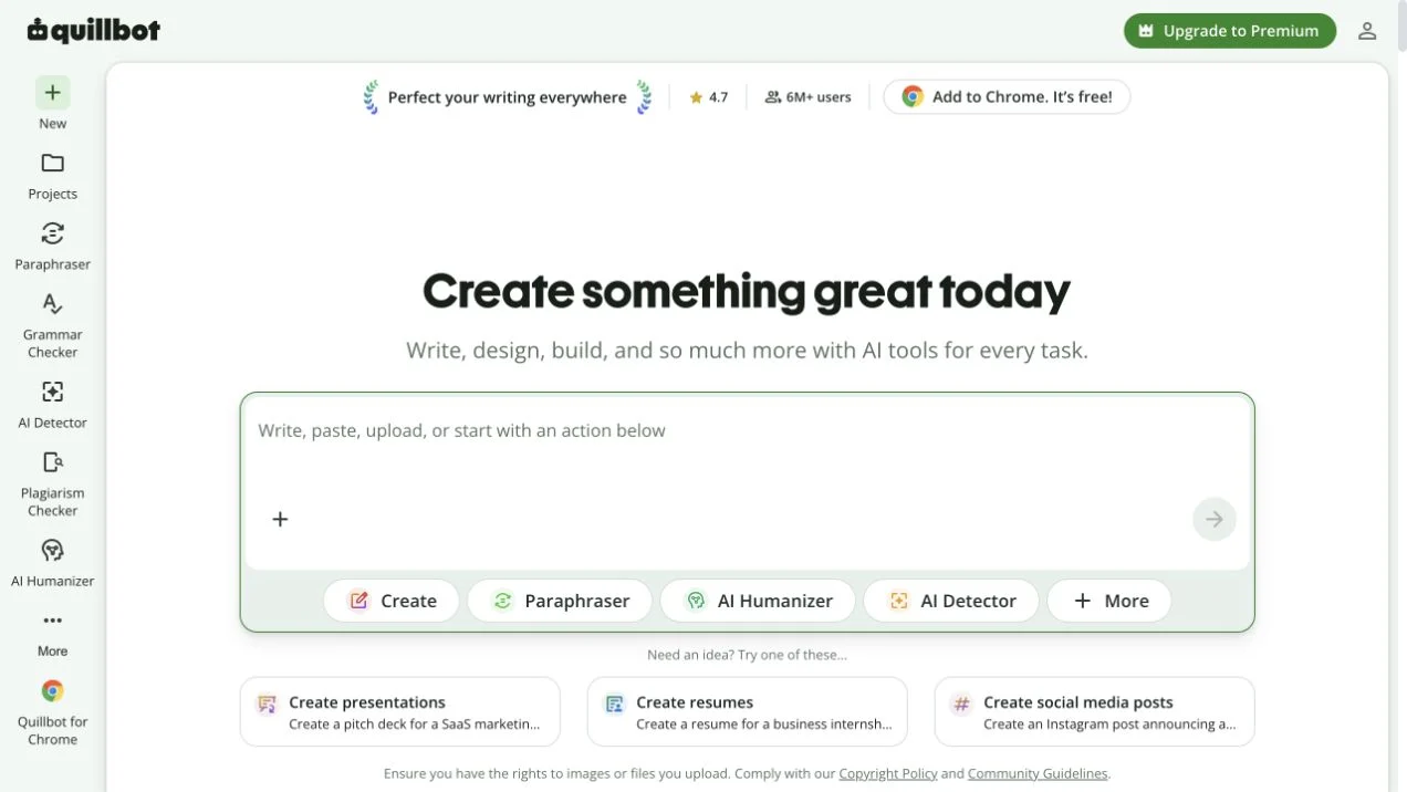 Screenshot of the QuillBot homepage, captured on 2026-09-21