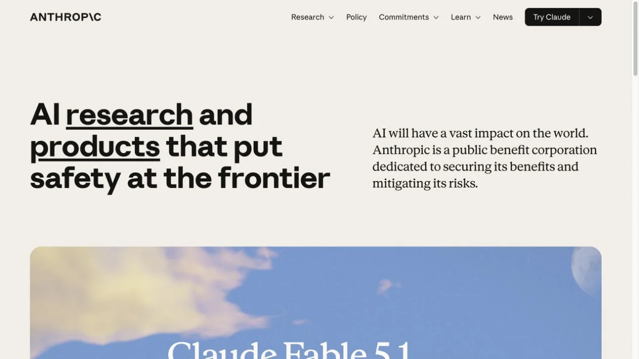 Screenshot of the Anthropic / Claude homepage, captured on 2026-09-16