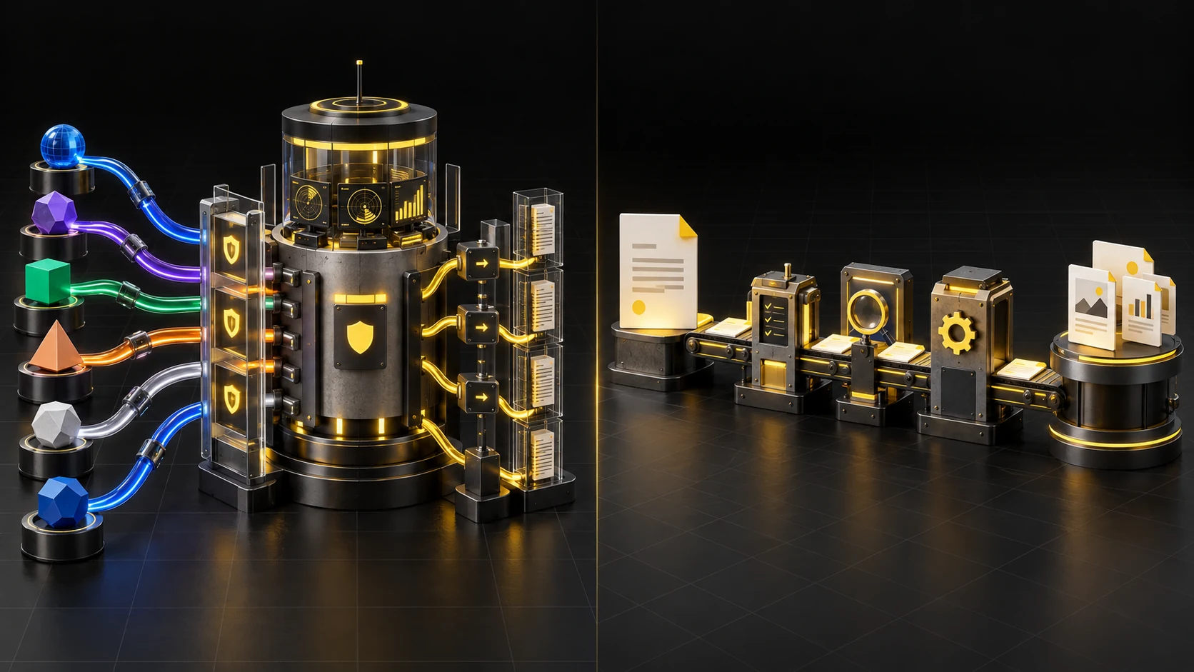 A multi-provider AI control tower with security and monitoring beside a focused workflow line that turns one brief into reviewed outputs.