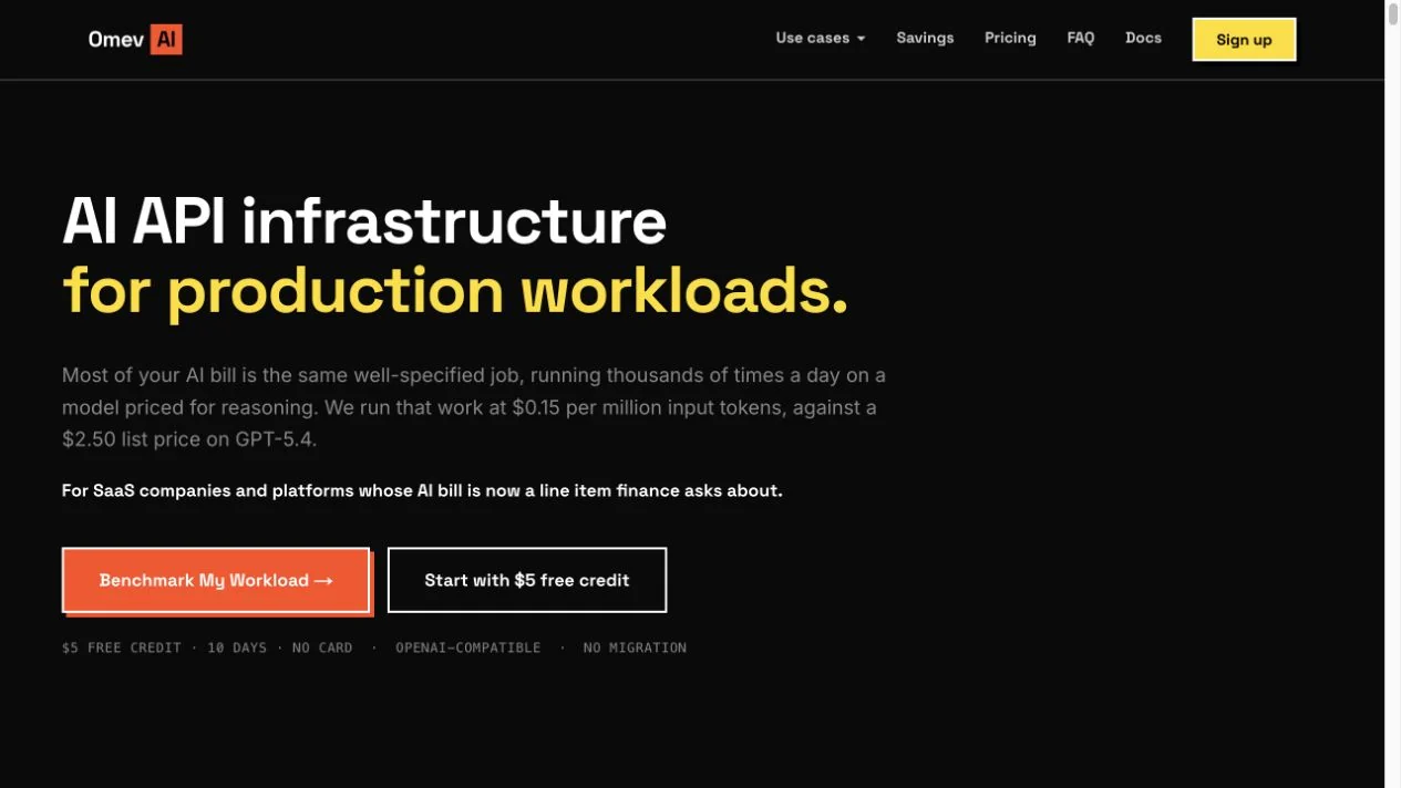 Omev AI homepage with its production workloads message and workload benchmark offer