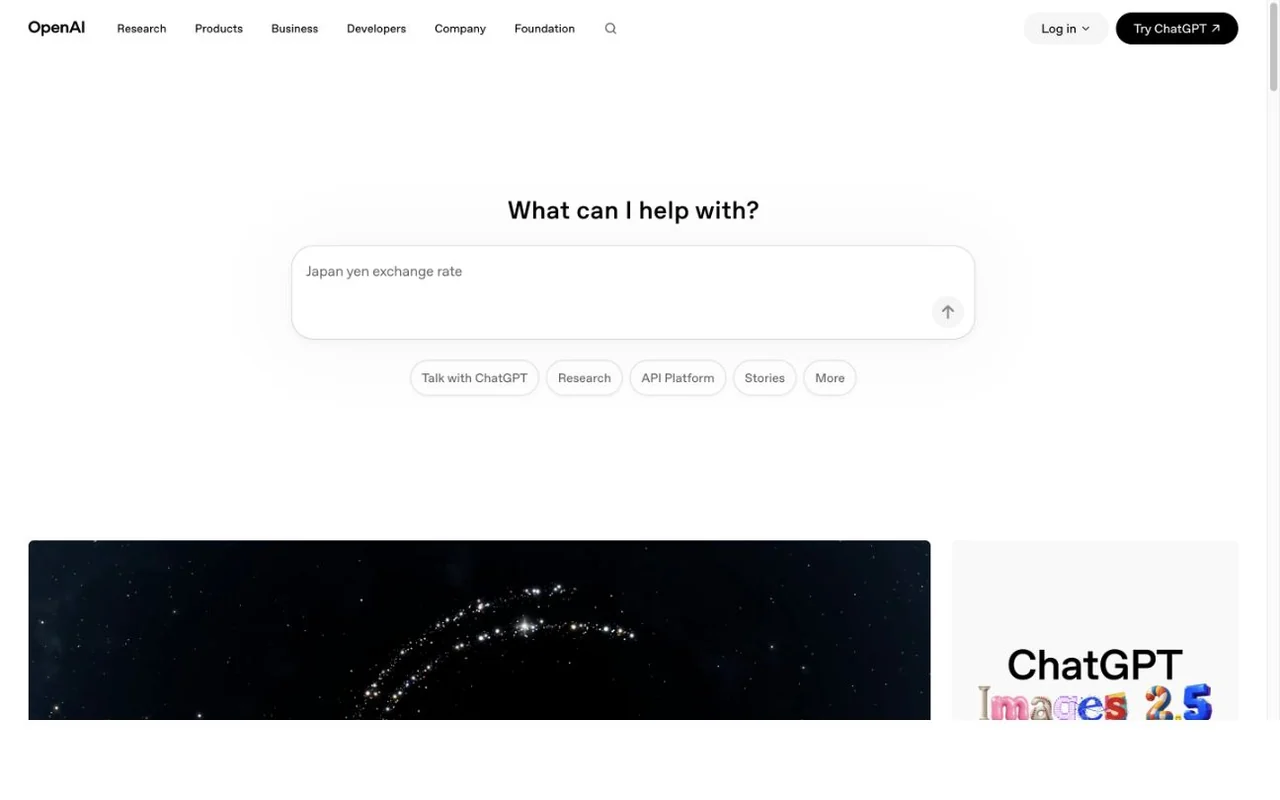 OpenAI homepage with ChatGPT, research and API Platform navigation